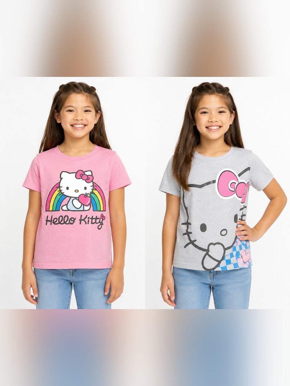 Hello Kitty Girls Size 8 2-Pack Short Sleeve Graphic Tees Pink Gray Rainbow Shir